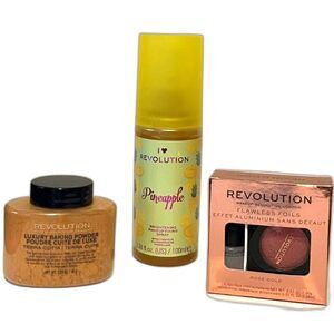 Set Of 3 Revolution Cosmetics, Eye Shadow, Loose Powder, And Fixing Spray